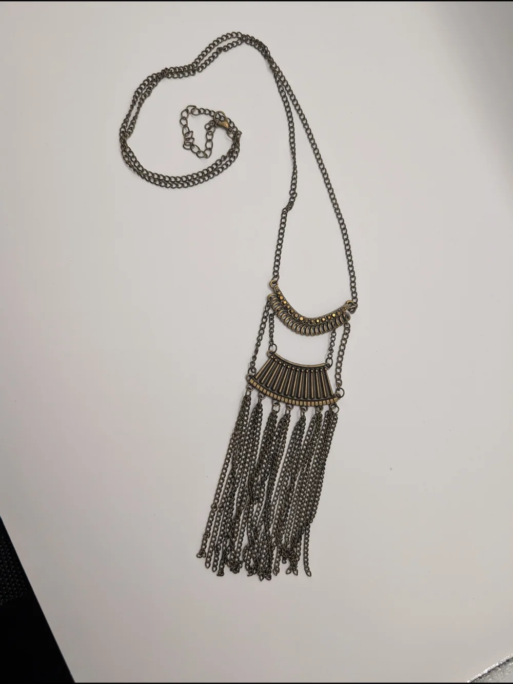 Vintage-Inspired Bronze Tone Fringe Statement Necklace